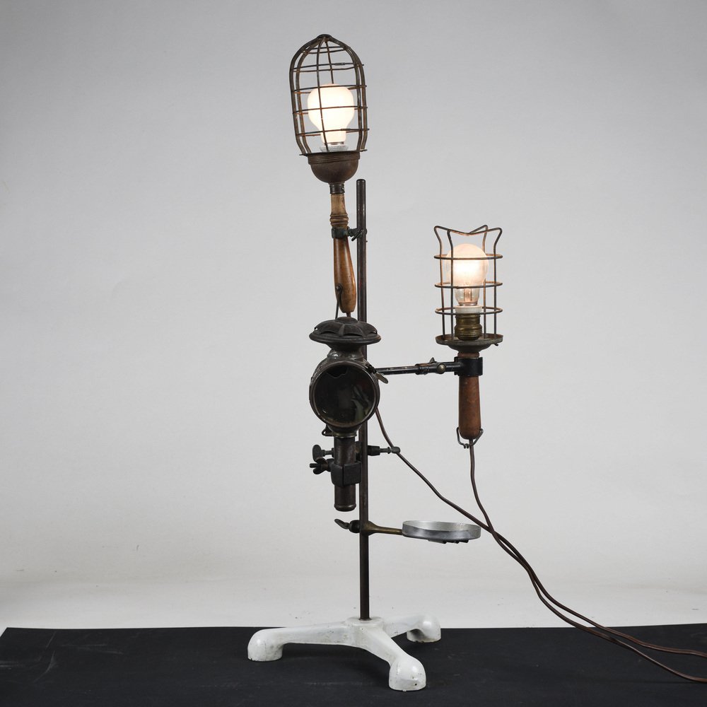 Industrial 3-Light Metal Table Lamp, Early 20th Century