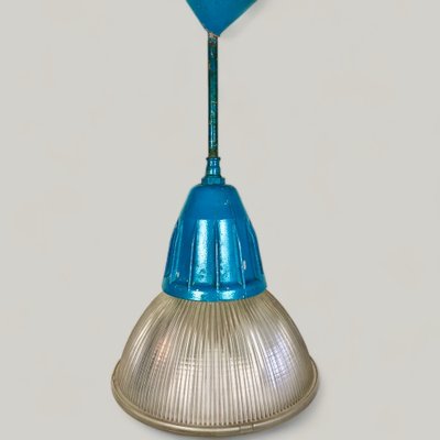 Industrial Bauhaus Factory Pendant Lamp in Blue Holophane Glass, 1920s-WZZ-1785432