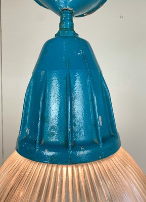 Industrial Bauhaus Factory Pendant Lamp in Blue Holophane Glass, 1920s-WZZ-1785432