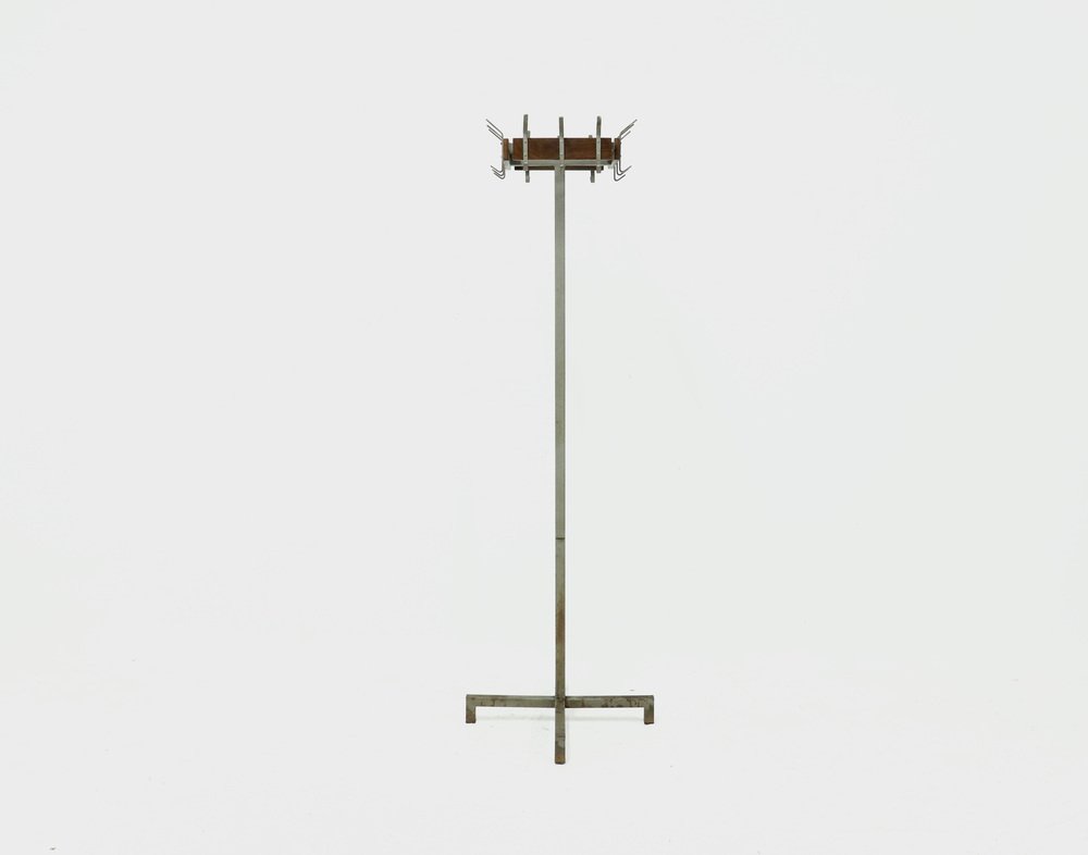 Industrial Belgian Steel & Teak Free Standing Coat Rack, 1950s