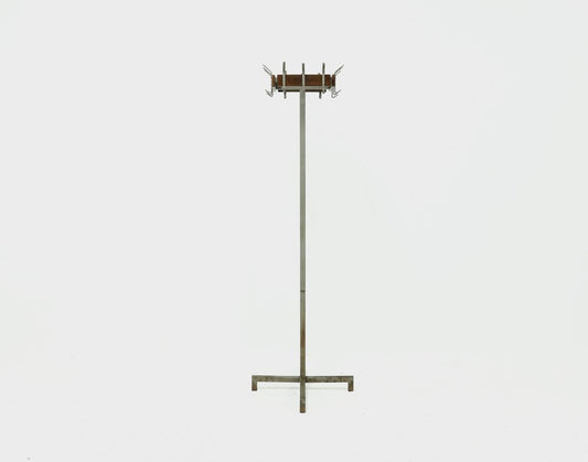 Industrial Belgian Steel & Teak Free Standing Coat Rack, 1950s