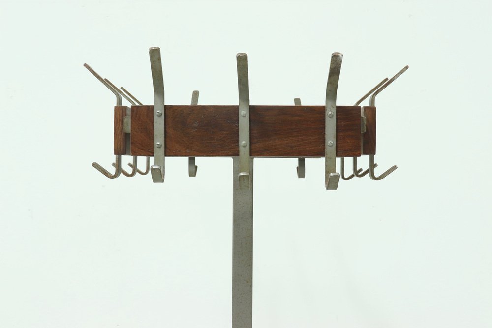 Industrial Belgian Steel & Teak Free Standing Coat Rack, 1950s