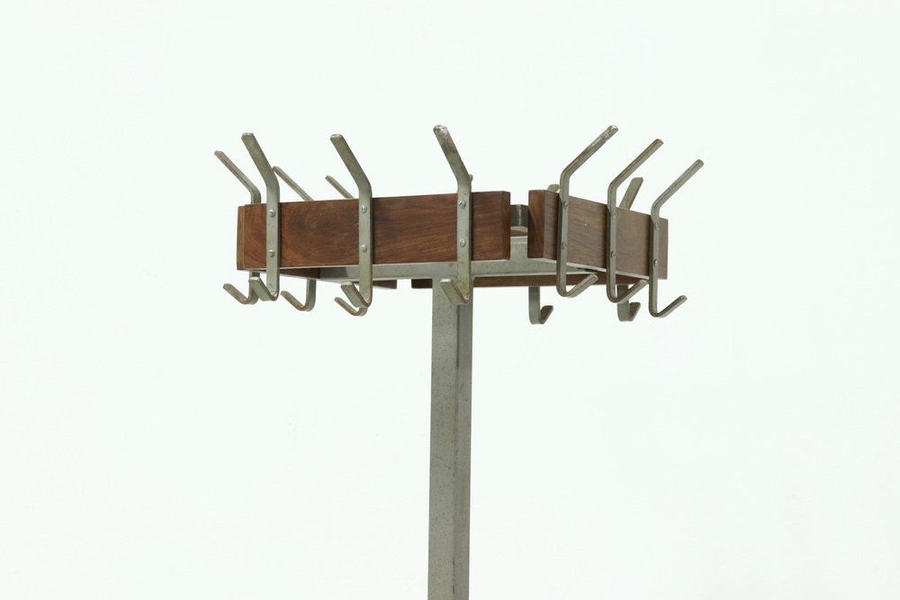 Industrial Belgian Steel & Teak Free Standing Coat Rack, 1950s