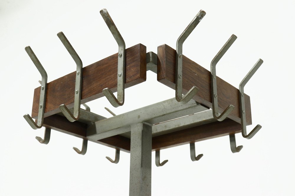 Industrial Belgian Steel & Teak Free Standing Coat Rack, 1950s