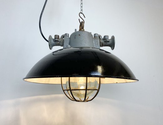 Industrial Black Enamel and Cast Iron Cage Pendant Lamp, 1950s-CGF-789307