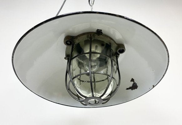 Industrial Black Enamel and Cast Iron Cage Pendant Lamp, 1950s-CGF-789307