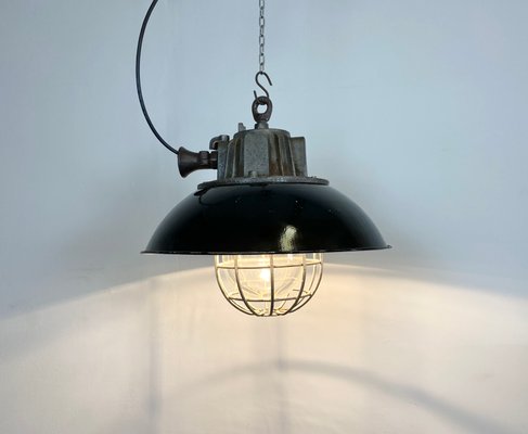 Industrial Black Enamel and Cast Iron Cage Pendant Light, 1950s-CGF-912829