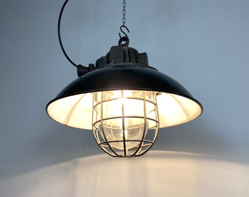 Industrial Black Enamel and Cast Iron Cage Pendant Light, 1950s-CGF-912829