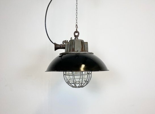 Industrial Black Enamel and Cast Iron Cage Pendant Light, 1950s-CGF-912829