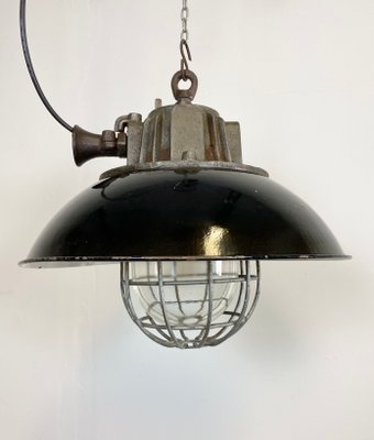 Industrial Black Enamel and Cast Iron Cage Pendant Light, 1950s-CGF-912829