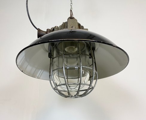 Industrial Black Enamel and Cast Iron Cage Pendant Light, 1950s-CGF-912829