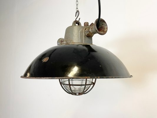 Industrial Black Enamel and Cast Iron Cage Pendant Light, 1950s-CGF-1057227