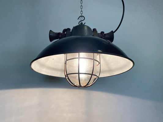 Industrial Black Enamel and Cast Iron Cage Pendant Light, 1950s-CGF-1057227