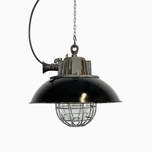 Industrial Black Enamel and Cast Iron Cage Pendant Light, 1950s-CGF-912829