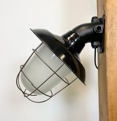 Industrial Black Enamel and Cast Iron Wall Lamp with Iron Grid, 1960s-CGF-1060326