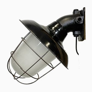 Industrial Black Enamel and Cast Iron Wall Lamp with Iron Grid, 1960s-CGF-1060326