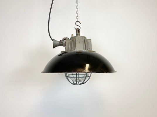 Industrial Black Enamel & Cast Iron Cage Ceiling Lamp, 1950s-CGF-847162