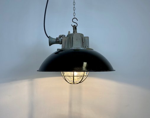 Industrial Black Enamel & Cast Iron Cage Ceiling Lamp, 1950s-CGF-847162