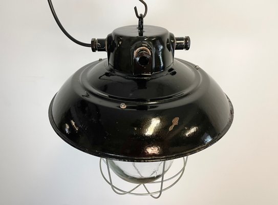 Industrial Black Enamel Factory Pendant Lamp, 1960s-CGF-1057192