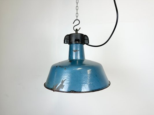 Industrial Blue Enamel Factory Lamp with Cast Iron Top, 1960s-CGF-1423052