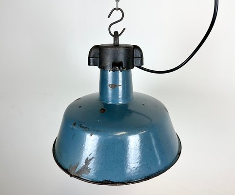 Industrial Blue Enamel Factory Lamp with Cast Iron Top, 1960s-CGF-1423052