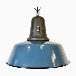 Industrial Blue Enamel Factory Lamp with Cast Iron Top, 1960s-CGF-1767494