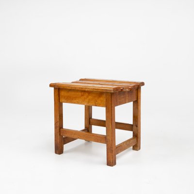 Industrial Brutalist Wooden Stool, Belgium, 1920s-YSY-2027117