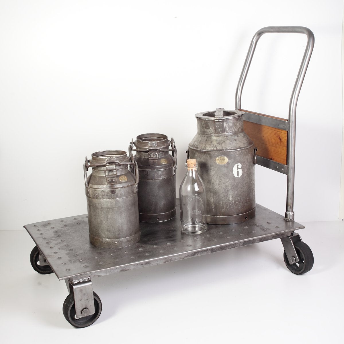 Industrial Cart Trolley and Iron Milk Jugs, Czechoslovakian, 1950s, Set of 5