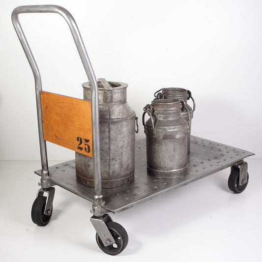 Industrial Cart Trolley and Iron Milk Jugs, Czechoslovakian, 1950s, Set of 5