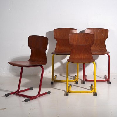 Industrial Chairs in Yellow and Red, 1950, Set of 4-ZNJ-2035299