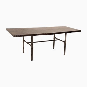 Industrial Dining Table in Dark Brown Wood with Metal Frame-RQW-1748130