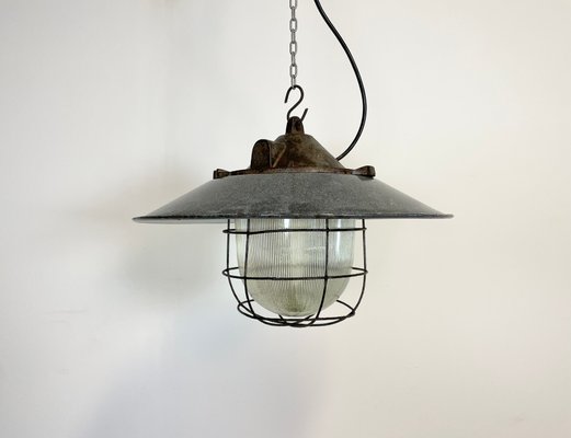 Industrial Enamel Factory Cage Pendant Lamp, 1950s-CGF-1057235