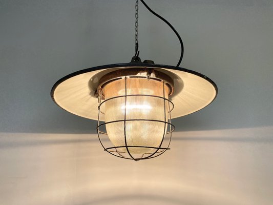 Industrial Enamel Factory Cage Pendant Lamp, 1950s-CGF-1057235