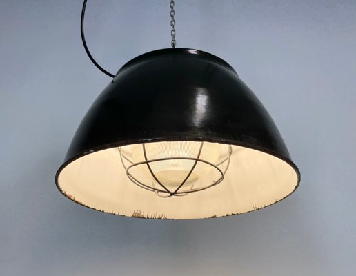 Industrial Factory Black Enamel Cage Pendant Light, 1950s-CGF-1110378