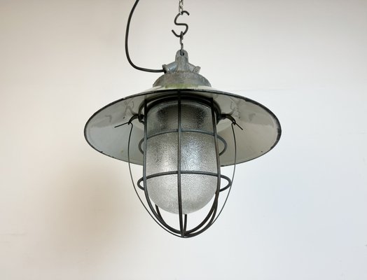 Industrial Green Enamel and Cast Iron Cage Pendant Light, 1960s-CGF-1785001