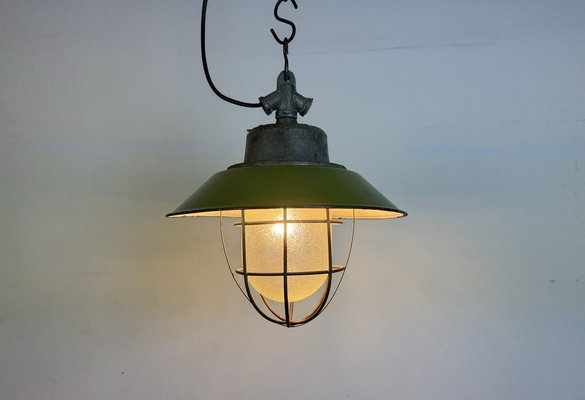 Industrial Green Enamel and Cast Iron Cage Pendant Light, 1960s-CGF-1785001