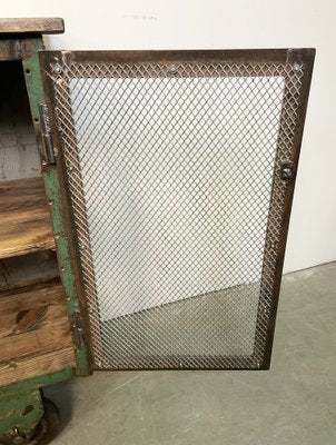 Industrial Iron Cabinet with Mesh Doors on Wheels, 1960s-CGF-1404578