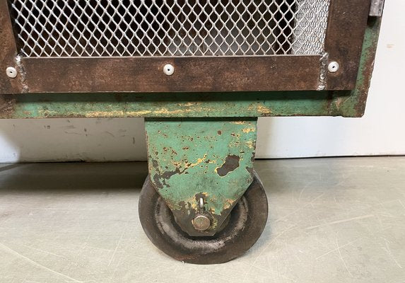 Industrial Iron Cabinet with Mesh Doors on Wheels, 1960s-CGF-1404578