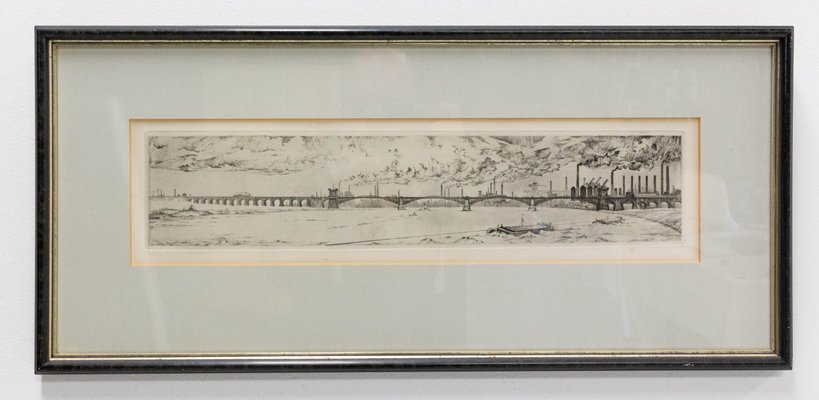 Industrial Landscape with Railway Bridge, Germany, Late 19th Century, Engraving, Framed-RIU-1112885