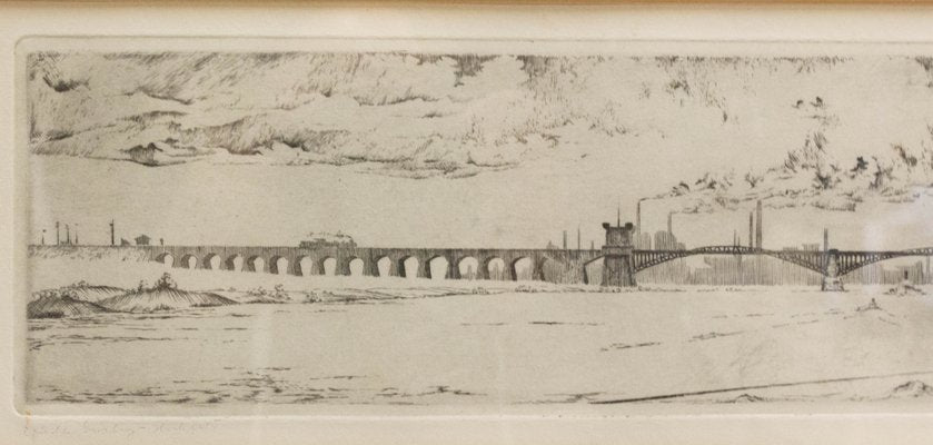 Industrial Landscape with Railway Bridge, Germany, Late 19th Century, Engraving, Framed-RIU-1112885