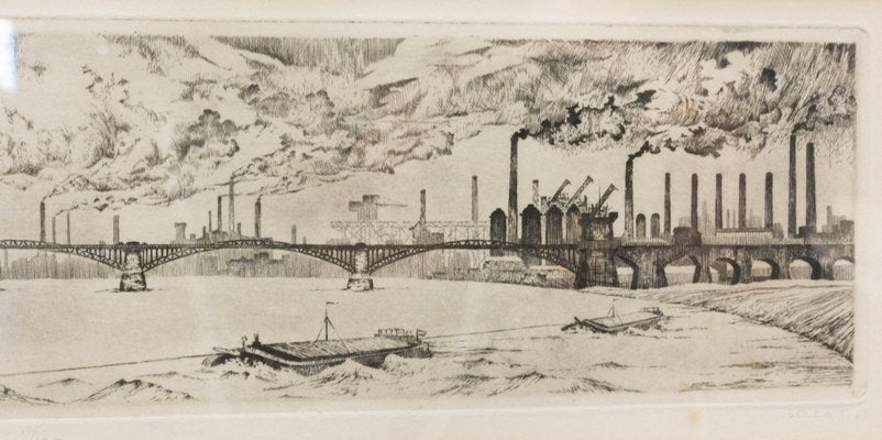 Industrial Landscape with Railway Bridge, Germany, Late 19th Century, Engraving, Framed-RIU-1112885