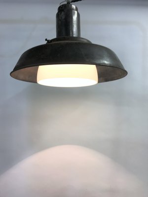 Industrial Metal & Opaline Glass Pendant Lamp, 1960s-IRH-655690