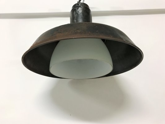 Industrial Metal & Opaline Glass Pendant Lamp, 1960s-IRH-655690