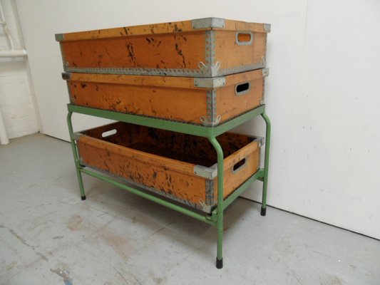 Industrial Metal Storage Rack with Wooden Boxes, 1960s, Set of 4-PNJ-2042923