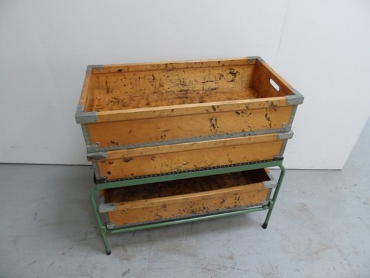 Industrial Metal Storage Rack with Wooden Boxes, 1960s, Set of 4-PNJ-2042923