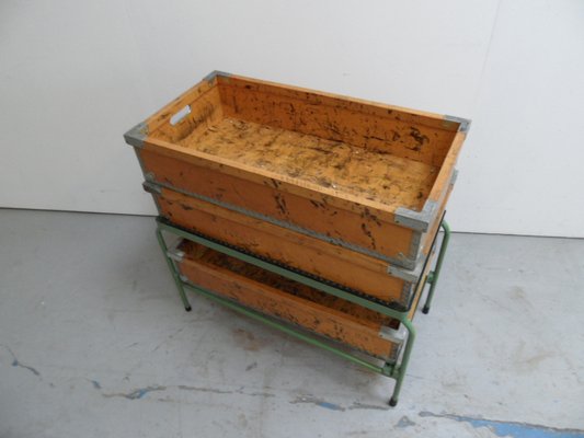 Industrial Metal Storage Rack with Wooden Boxes, 1960s, Set of 4-PNJ-2042923