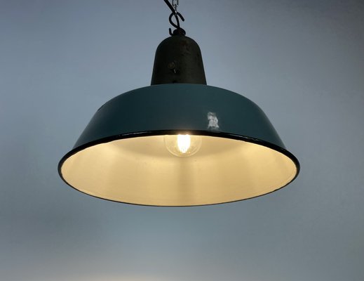 Industrial Petrol Enamel Factory Ceiling Lamp with Cast Iron Top, 1960s-CGF-1369103