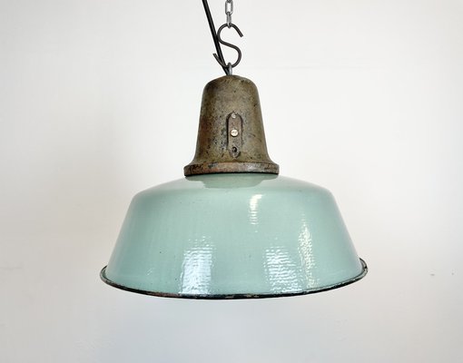 Industrial Petrol Enamel Factory Lamp with Cast Iron Top, 1960s-CGF-1404719