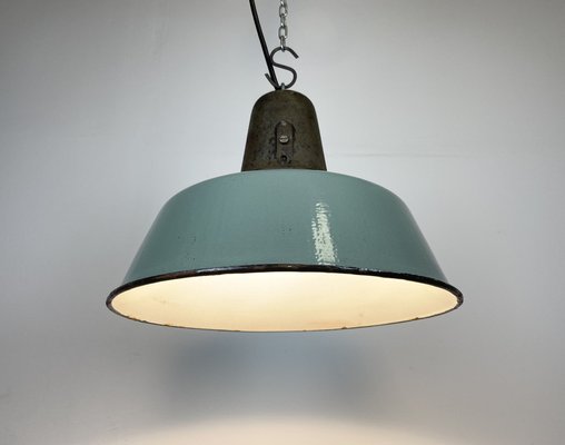 Industrial Petrol Enamel Factory Lamp with Cast Iron Top, 1960s-CGF-1404719