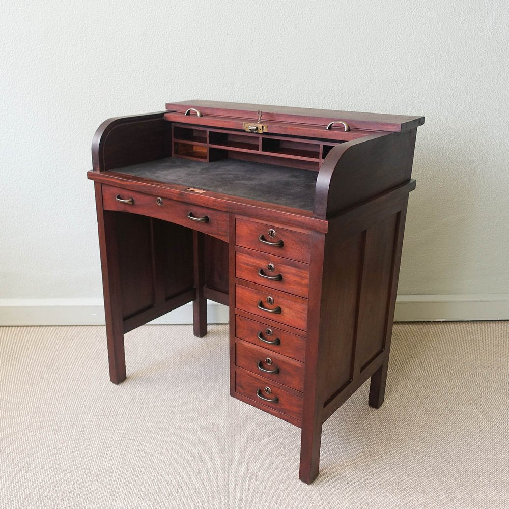 Industrial Portuguese Oak Wood Tambour Door Desk, 1940s